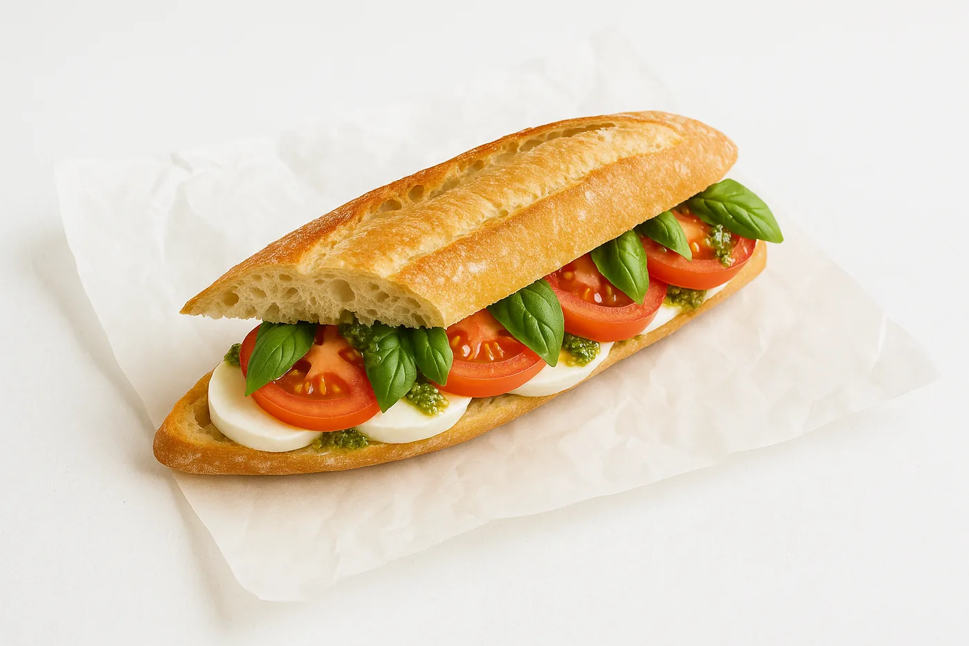Caprese baguette, cut open