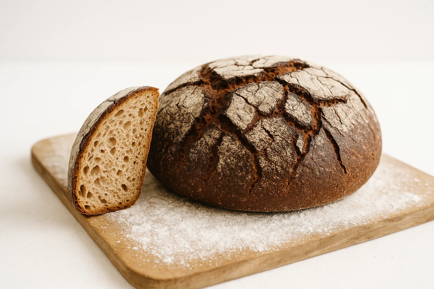 A round farmhouse loaf with a cracked crust