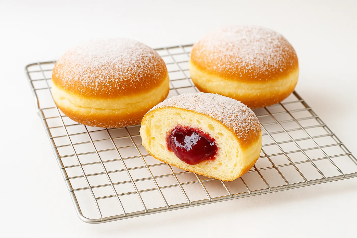 Jam doughnuts, one cut open