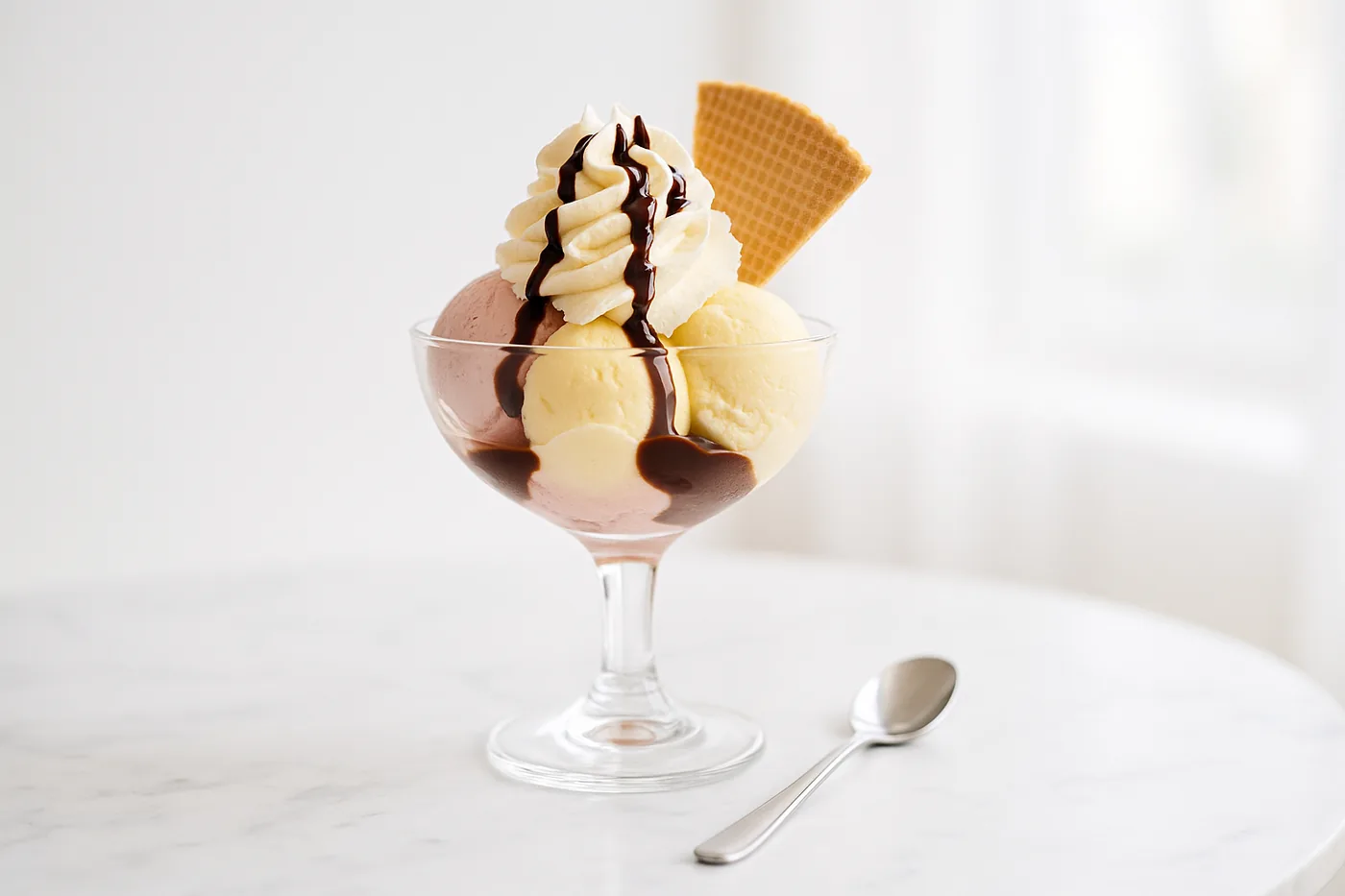 A sundae with three scoops and cream