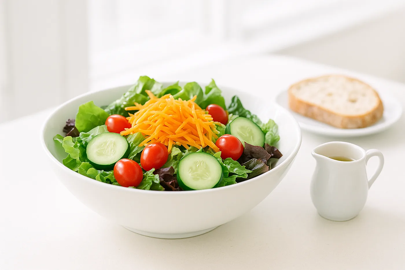 A large salad with a jug of dressing