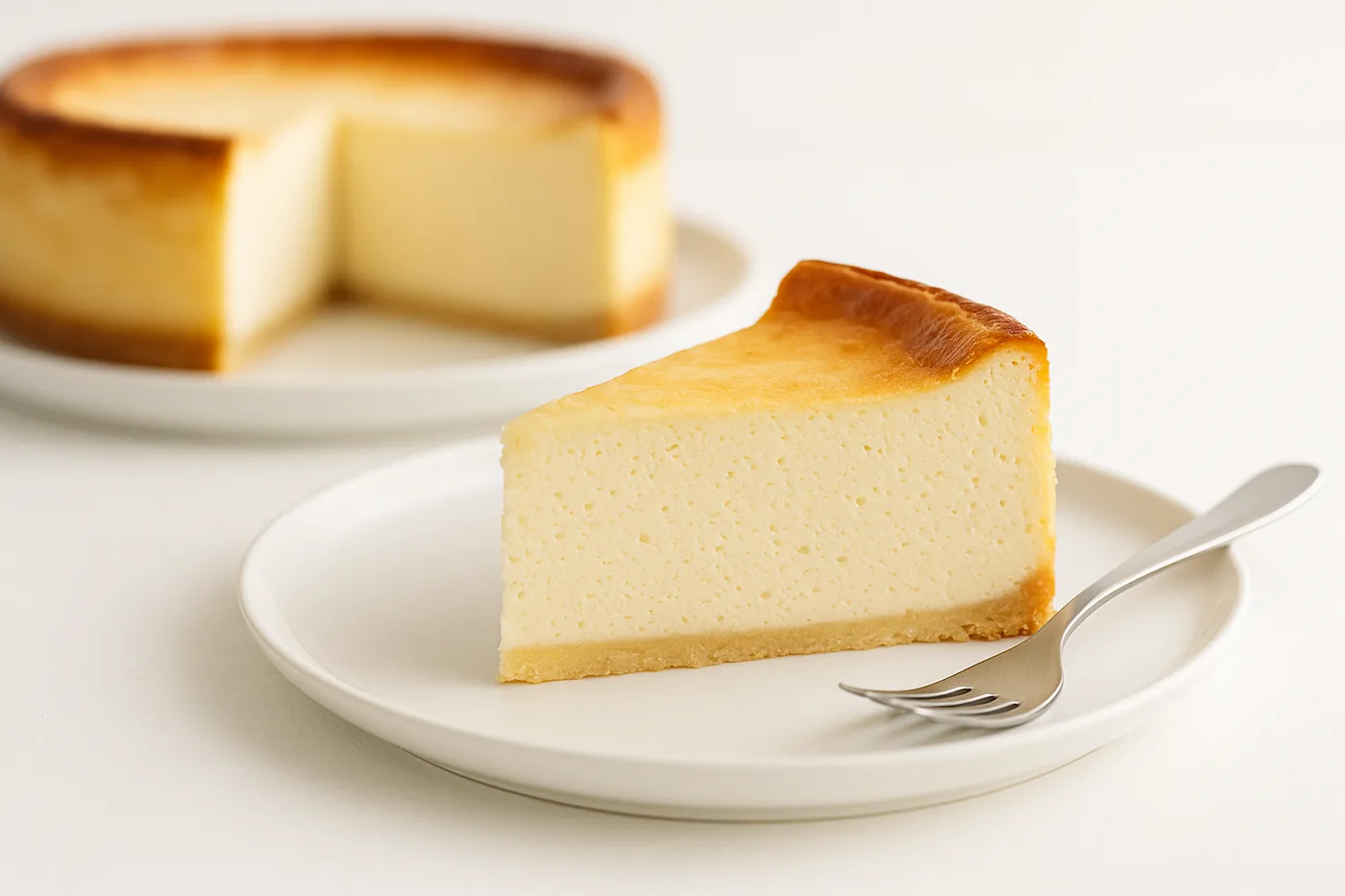 A slice of baked cheesecake