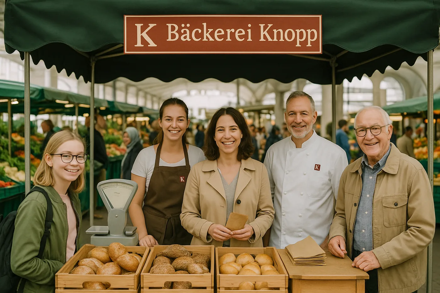 The market stall, bread in wooden crates