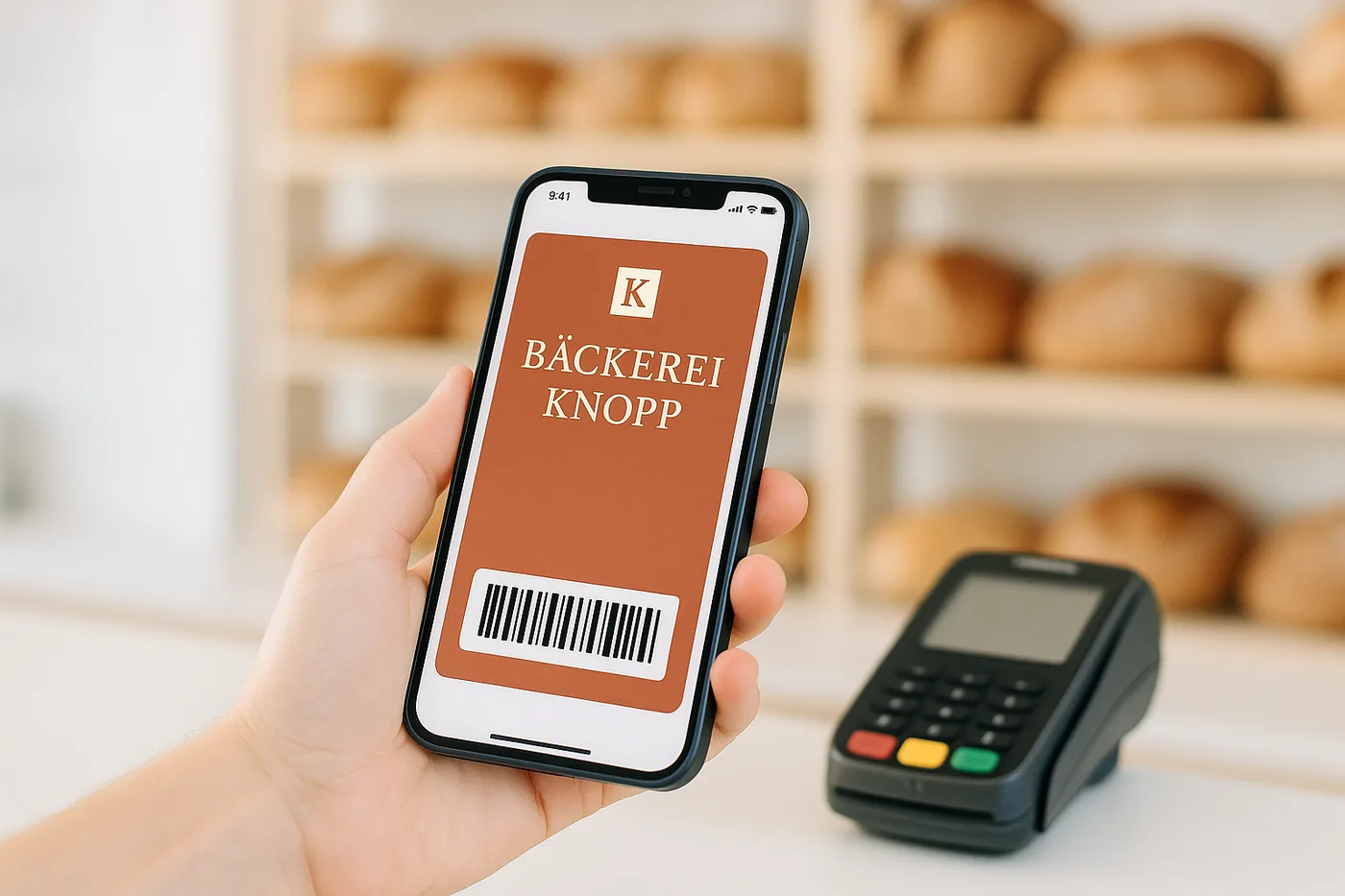 Digitale Knopp-Kundenkarte in der Wallet-App, an der Kasse vorgezeigt