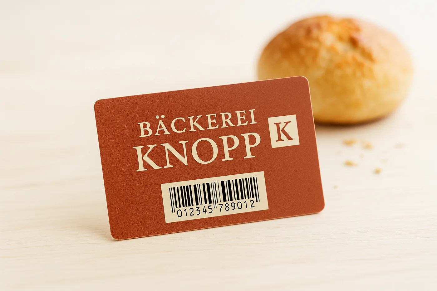 Ziegelrote Knopp-Kundenkarte mit Strichcode auf einer Holztheke