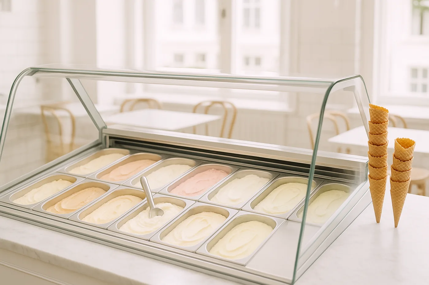 The café's ice-cream vitrine, eight flavours