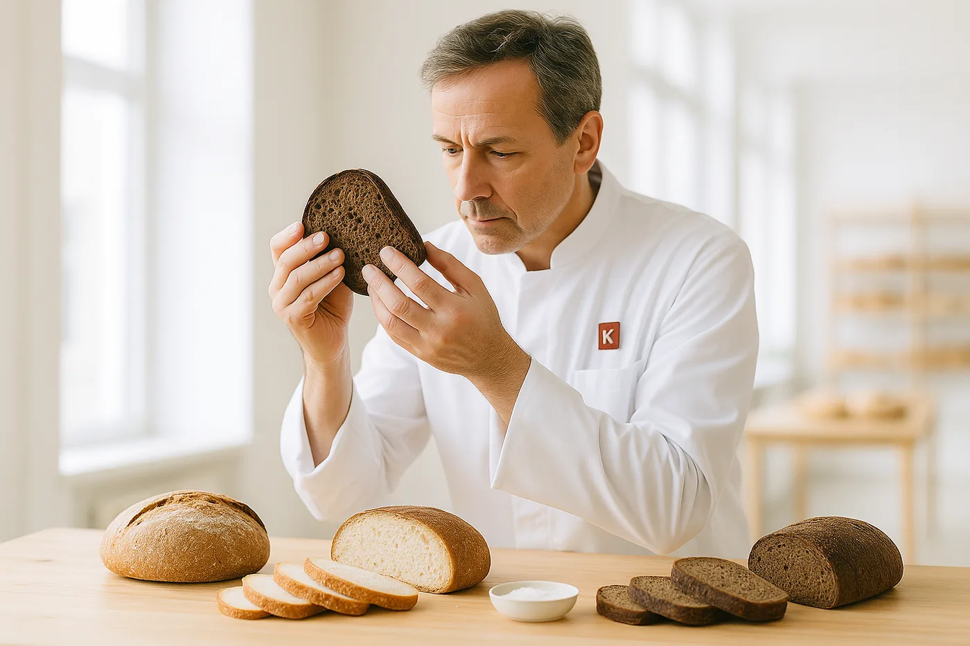 A master baker studying the crumb of a cut rye loaf