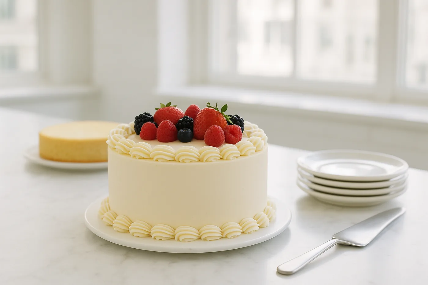 A decorated cream cake on a marble counter